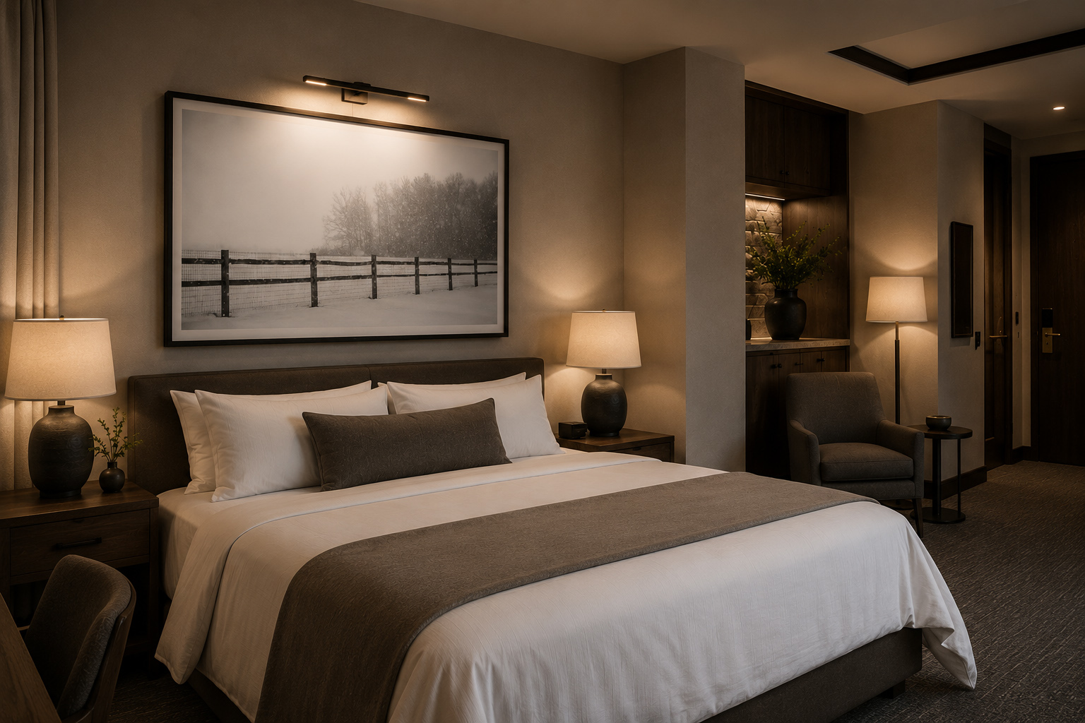Winter forest path photography in calm bedroom mockup by Dan Sproul